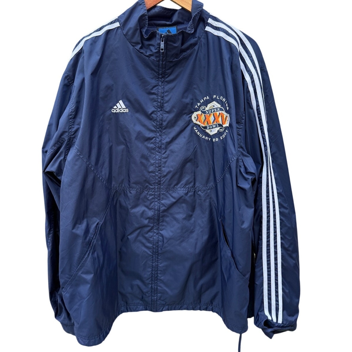 Adidas Super Bowl Xxxv Tampa Florida Vintage 2001 Blue Nylon Jacket Size Xl